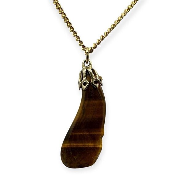 Handmade brown polished stone pendant necklace on a gold chain approx 18 inches - Picture 2 of 3
